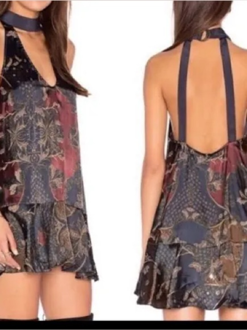 Free People Boho Floral Open-Back Mini Dress in Navy and Burgundy